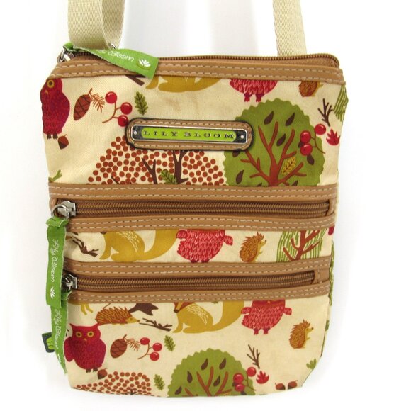 Lily Bloom Crossbody Shoulder Bag Owl Pattern Zip Pockets Adjustable Nylon Strap - Picture 2 of 8